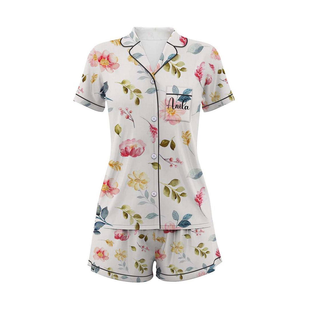 Bộ đồ ngủ quần đùi satin họa tiết hoa cá tính