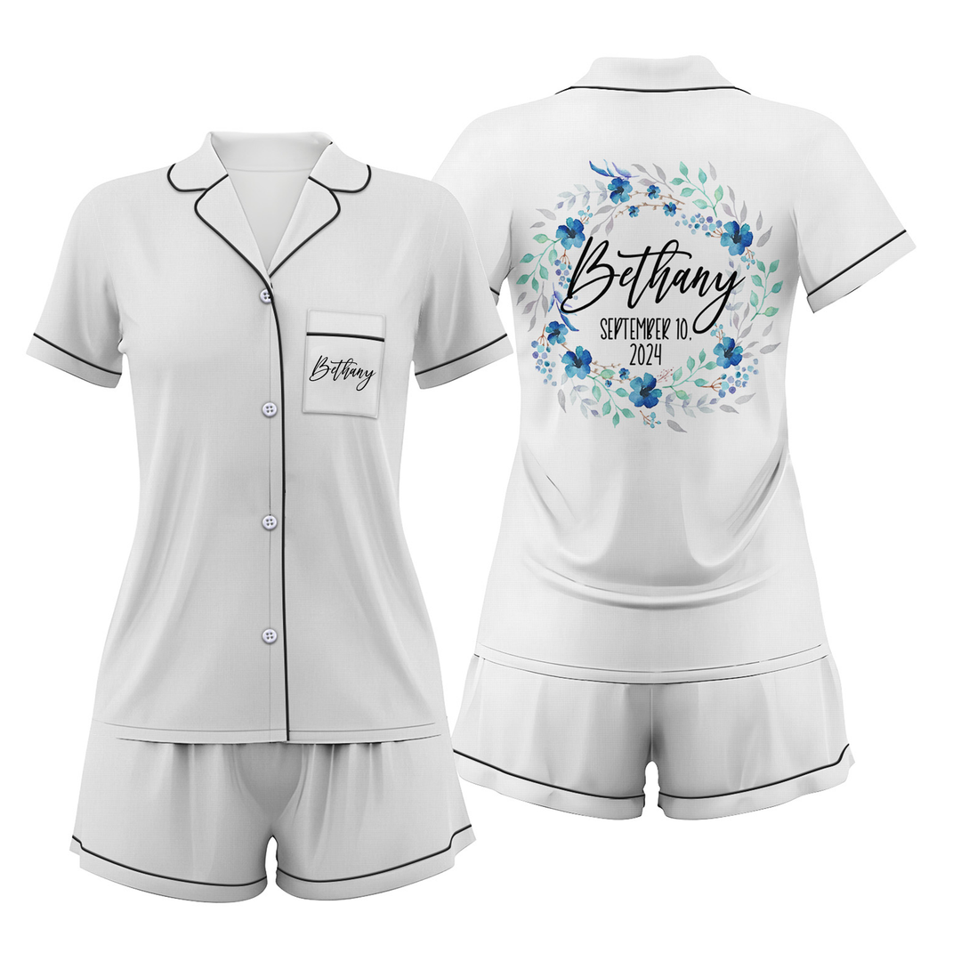 Bộ đồ ngủ ngắn bằng vải satin cưới có in chữ cá nhân