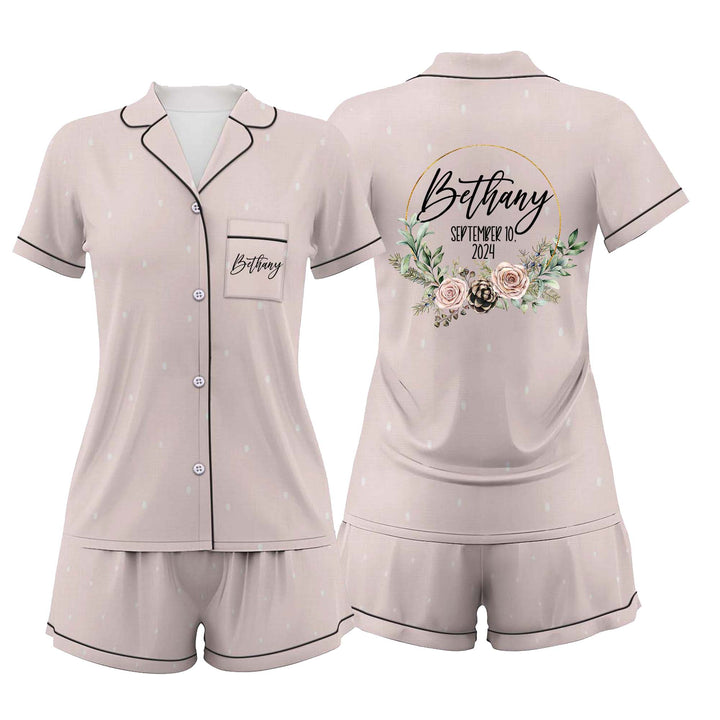 Bộ đồ ngủ ngắn bằng vải satin cưới có in chữ cá nhân