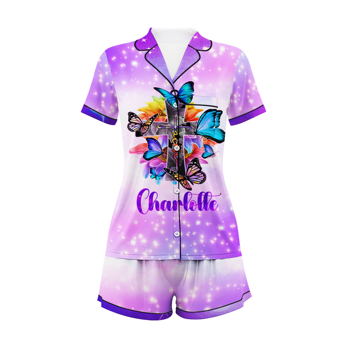 Bộ đồ ngủ ngắn bằng vải satin chuồn chuồn có tên riêng