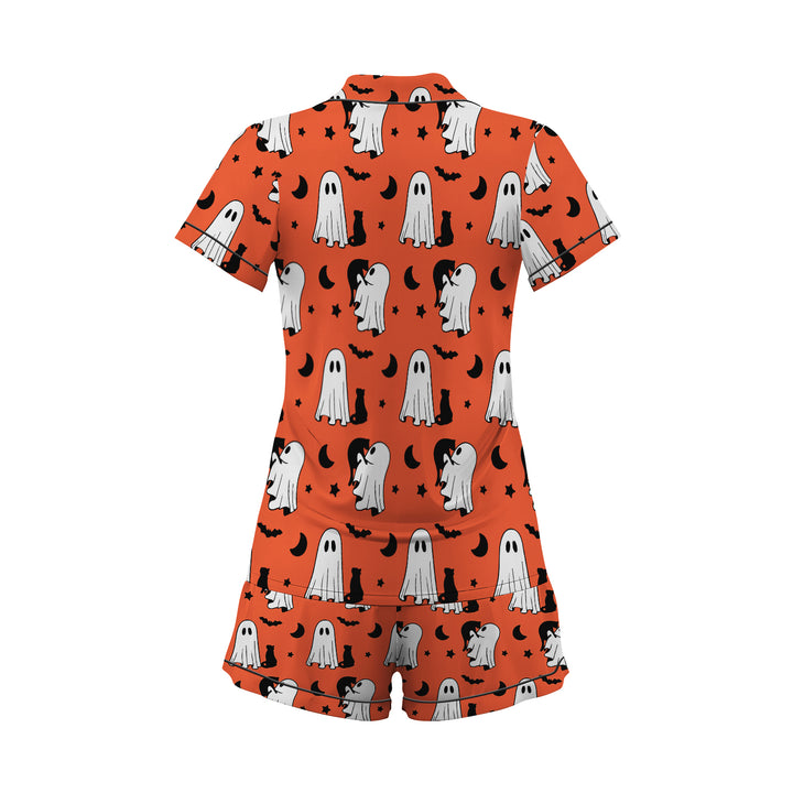 Bộ đồ ngủ ngắn bằng vải satin hình mèo ma dễ thương cho lễ Halloween