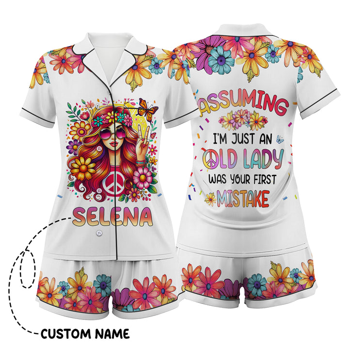 Custom Text Hippie  Just an Old Lady Short Pajamas Set