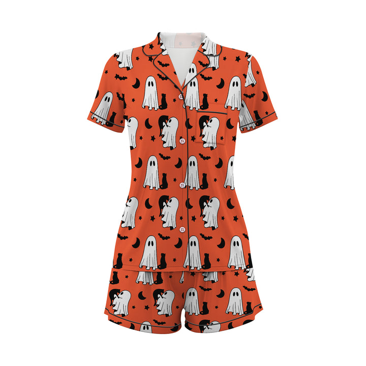 Bộ đồ ngủ ngắn bằng vải satin hình mèo ma dễ thương cho lễ Halloween