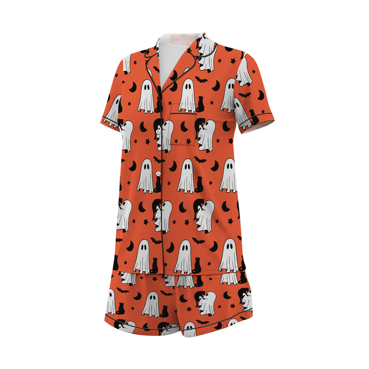 Bộ đồ ngủ ngắn bằng vải satin hình mèo ma dễ thương cho lễ Halloween