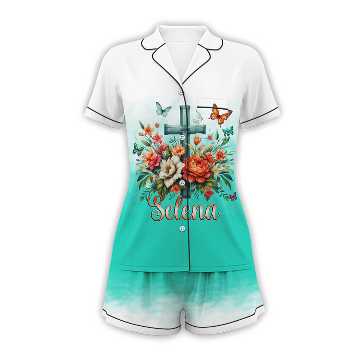 Bộ đồ ngủ ngắn bằng vải satin chuồn chuồn có tên riêng