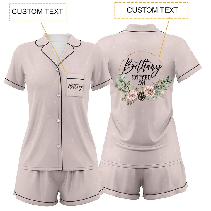 Bộ đồ ngủ ngắn bằng vải satin cưới có in chữ cá nhân