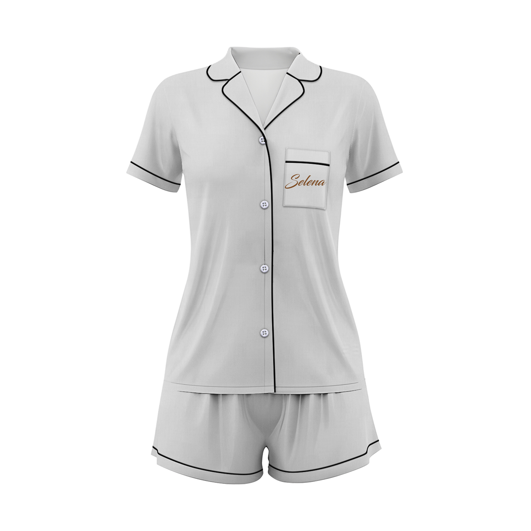 Bộ đồ ngủ ngắn bằng vải satin cưới có in chữ cá nhân