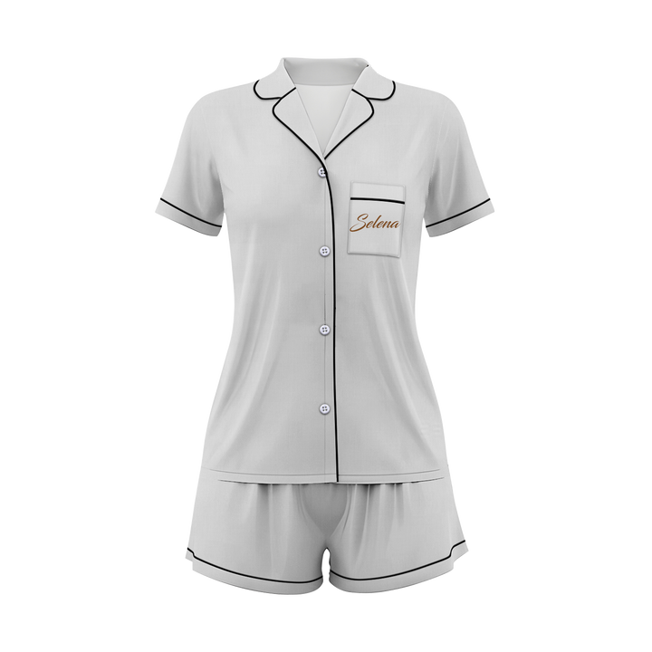 Bộ đồ ngủ ngắn bằng vải satin cưới có in chữ cá nhân